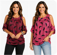 Load image into Gallery viewer, Cold shoulder feather print top
