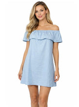 Load image into Gallery viewer, Off shoulder denim dress with  ruffle and side pockets
