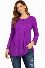Load image into Gallery viewer, Plus size purple long sleeve top with buttons and lace
