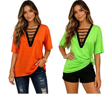 Load image into Gallery viewer, Cut out design bright colored v-neck tee
