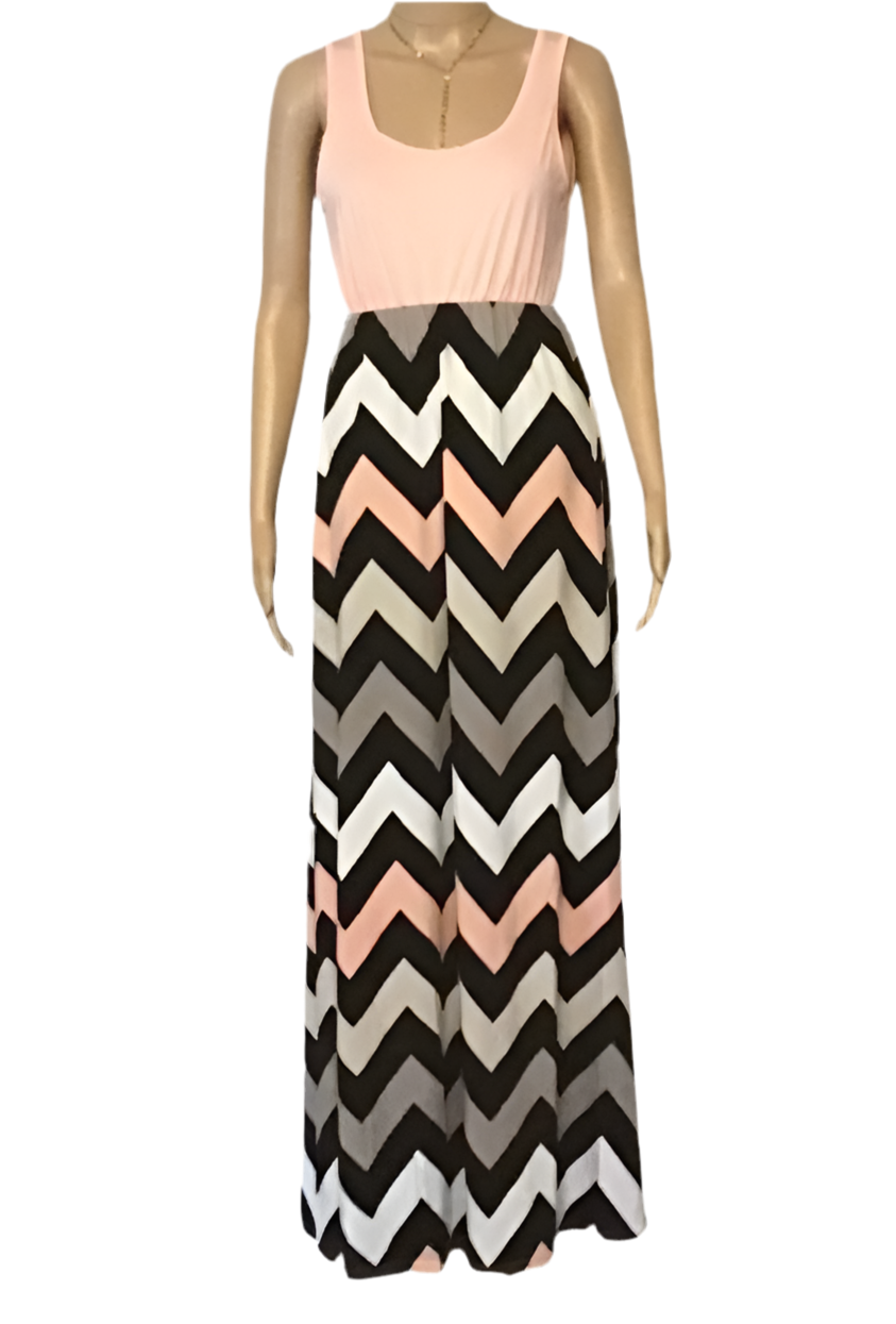 Pink/peach sleeveless chevron pattern maxi dress