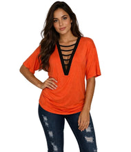 Load image into Gallery viewer, Cut out design bright colored v-neck tee
