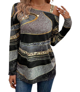 Long sleeve top with asymmetrical neck and one strap