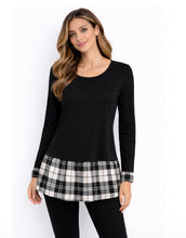 Load image into Gallery viewer, Long sleeve black top with plaid trim
