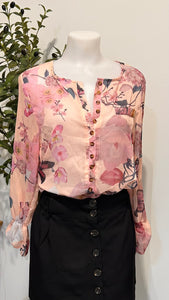High/low chiffon button up floral blouse