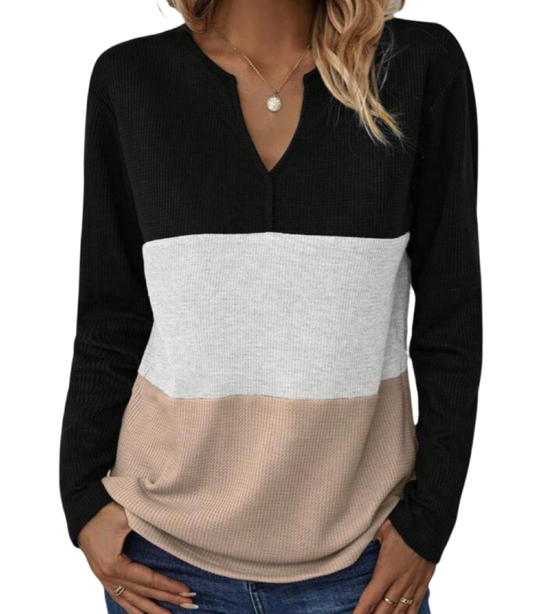 Khaki colorblock waffle knit long sleeve top