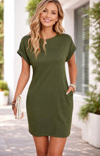 Load image into Gallery viewer, Army green t-shirt dress with side hidden pockets

