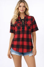 Load image into Gallery viewer, Lightweight red plaid short sleeve blouse
