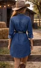 Load image into Gallery viewer, Long sleeve denim shirt/dress with one upper pocket. Belt not included.
