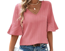 Load image into Gallery viewer, Ruffled half sleeve v neck textured top
