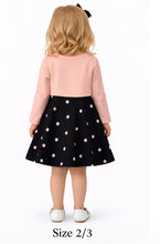 Load image into Gallery viewer, Girls navy/pink polka dot dress with fooler sweater
