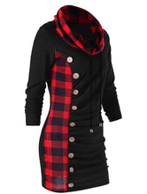 Load image into Gallery viewer, Black with red plaid trim cowl neck tunic/sweater dress
