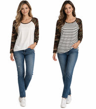Load image into Gallery viewer, Striped and solid long sleeve tops with camouflage print sleeves

