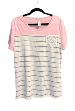 Load image into Gallery viewer, Pink striped tee with crochet pocket
