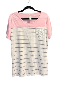 Pink striped tee with crochet pocket