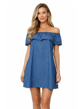 Load image into Gallery viewer, Off shoulder denim dress with  ruffle and side pockets
