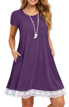 Load image into Gallery viewer, T-shirt dress with white lace trim and pockets
