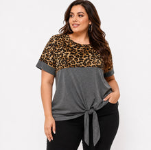 Load image into Gallery viewer, Plus size short sleeve top with leopard print and tie up knot
