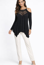 Load image into Gallery viewer, Cold shoulder handkerchief style top with crochet front
