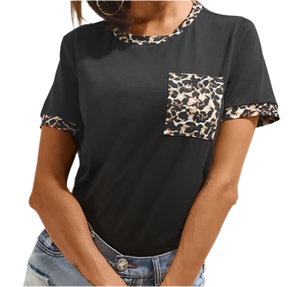 Black crew neck tee with leopard print trim