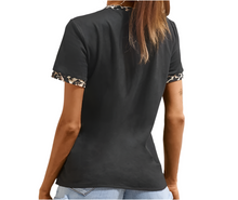 Load image into Gallery viewer, Black crew neck tee with leopard print trim
