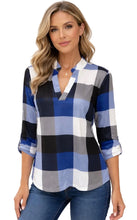Load image into Gallery viewer, Blue color block plaid v-neck blouse
