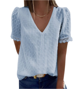 Swiss dot blouse with lace trim