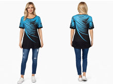 Load image into Gallery viewer, Blue/black short sleeve patterned top with decorative buttons
