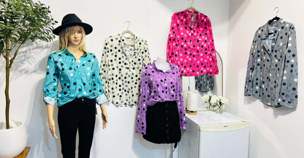 Polka dot button up blouse with upper pocket