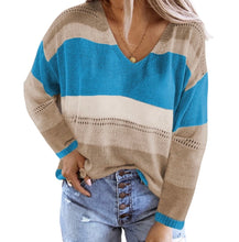 Load image into Gallery viewer, Hollow out V- neck color block sweater
