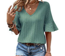 Load image into Gallery viewer, Ruffled half sleeve v neck textured top
