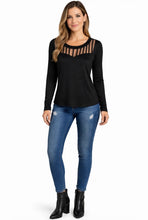 Load image into Gallery viewer, Black cut out round neck long sleeve top
