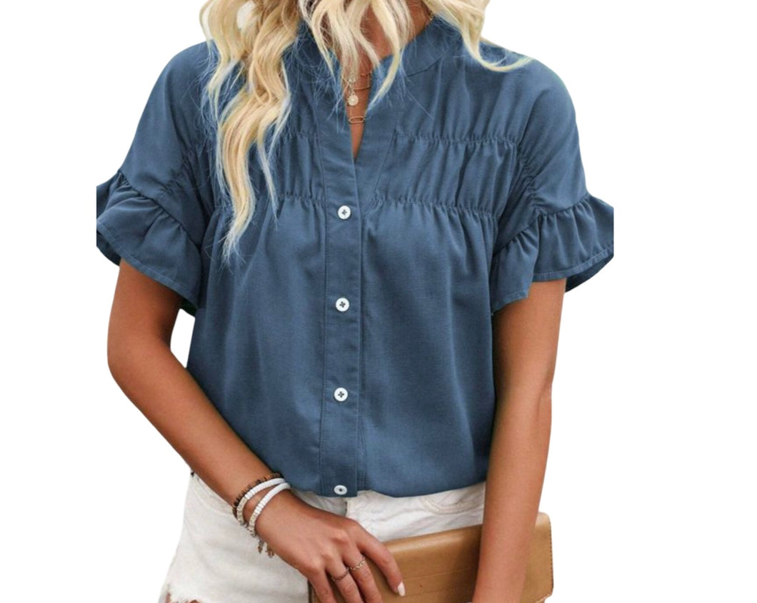 Blue button up blouse with ruffle sleeves