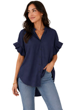 Load image into Gallery viewer, Navy short sleeve button up blouse
