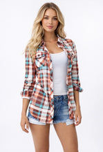 Load image into Gallery viewer, Ladies multi-color plaid button up shirt.
