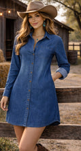 Load image into Gallery viewer, Long sleeve denim shirt/dress with one upper pocket. Belt not included.
