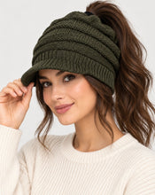 Load image into Gallery viewer, Messy bun/ponytail knit hat with brim
