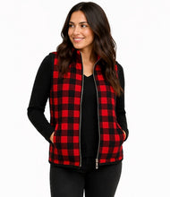 Load image into Gallery viewer, Red plaid vest with zipper and pockets.
