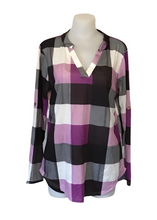 Load image into Gallery viewer, Purple v-neck long sleeve plaid shirt
