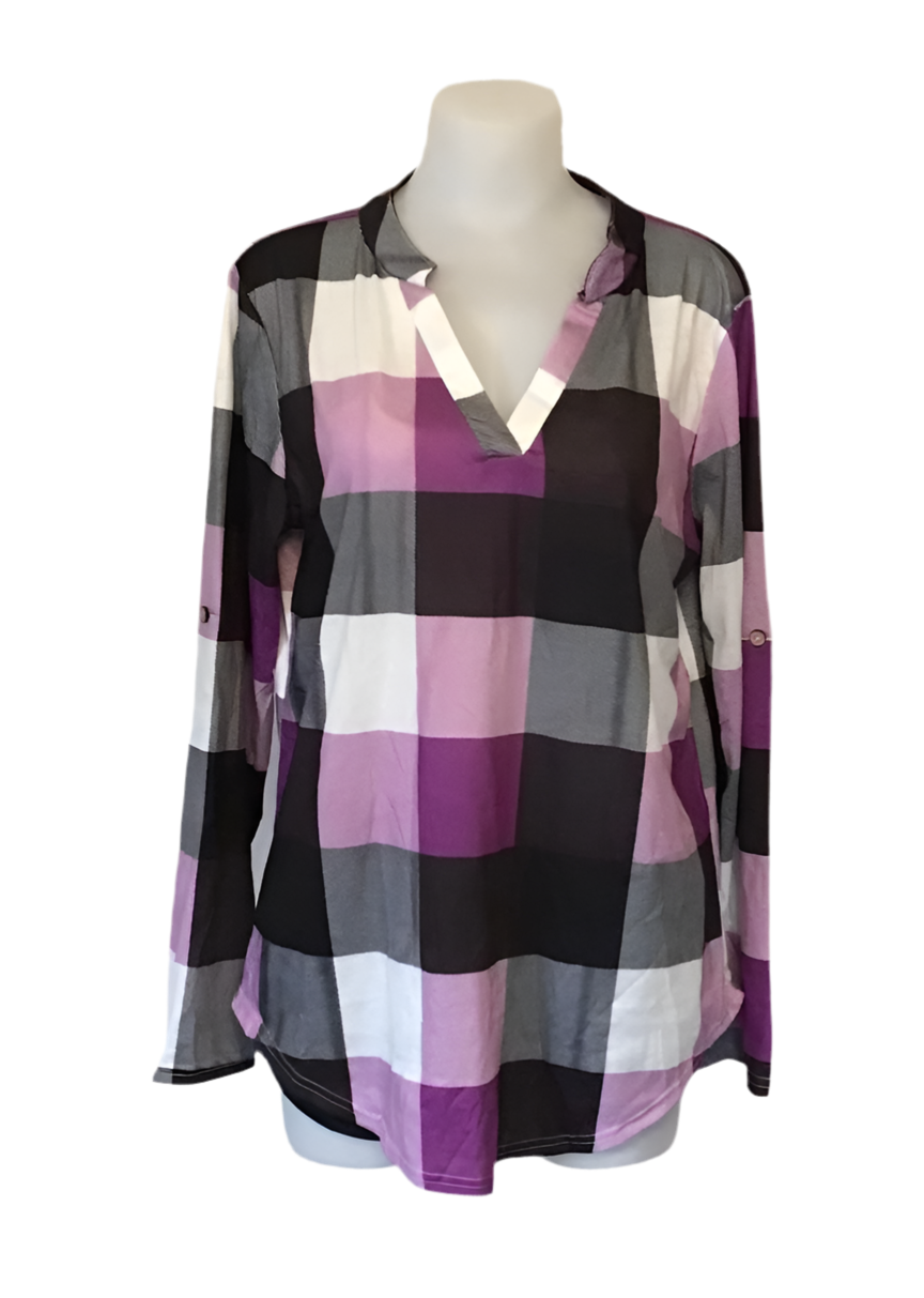 Purple v-neck long sleeve plaid shirt