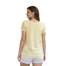 Load image into Gallery viewer, Pale yellow v-neck tee with lace trim
