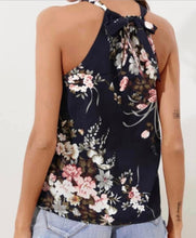 Load image into Gallery viewer, Navy floral halter style top with crochet detail
