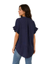 Load image into Gallery viewer, Navy short sleeve button up blouse
