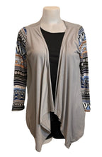 Load image into Gallery viewer, Grey draped cardigan with tribal print sleeves
