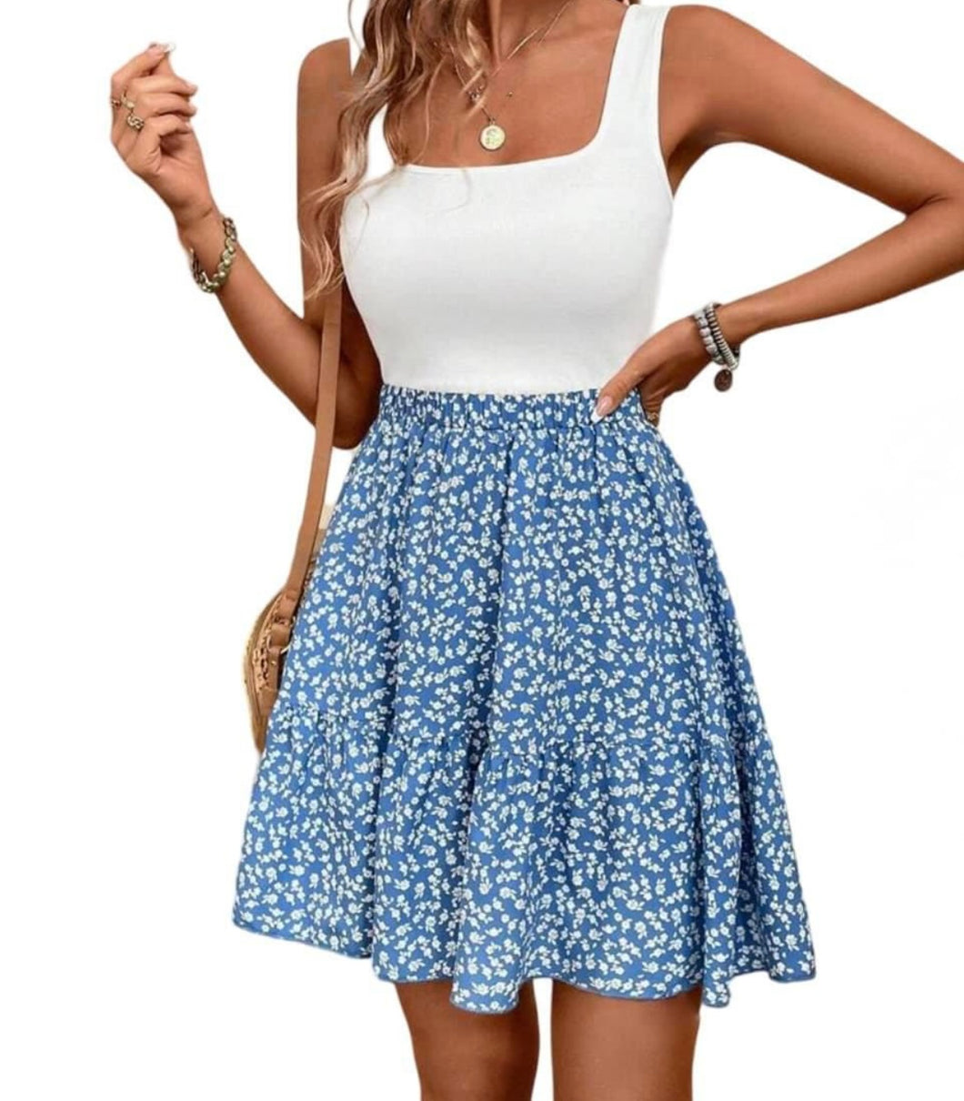 Ditsy floral blue dress with square neckline