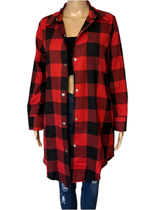 Plaid long shacket with snaps and pockets