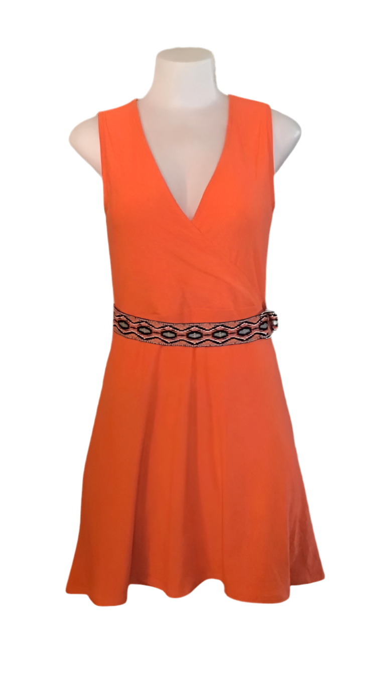 Orange crossover dress with decorative belt