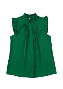 Bright green blouse with pleated front and frilled trim