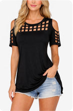 Load image into Gallery viewer, High/low cold shoulder cut out block style top
