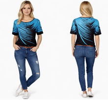 Load image into Gallery viewer, Blue/black short sleeve patterned top with decorative buttons
